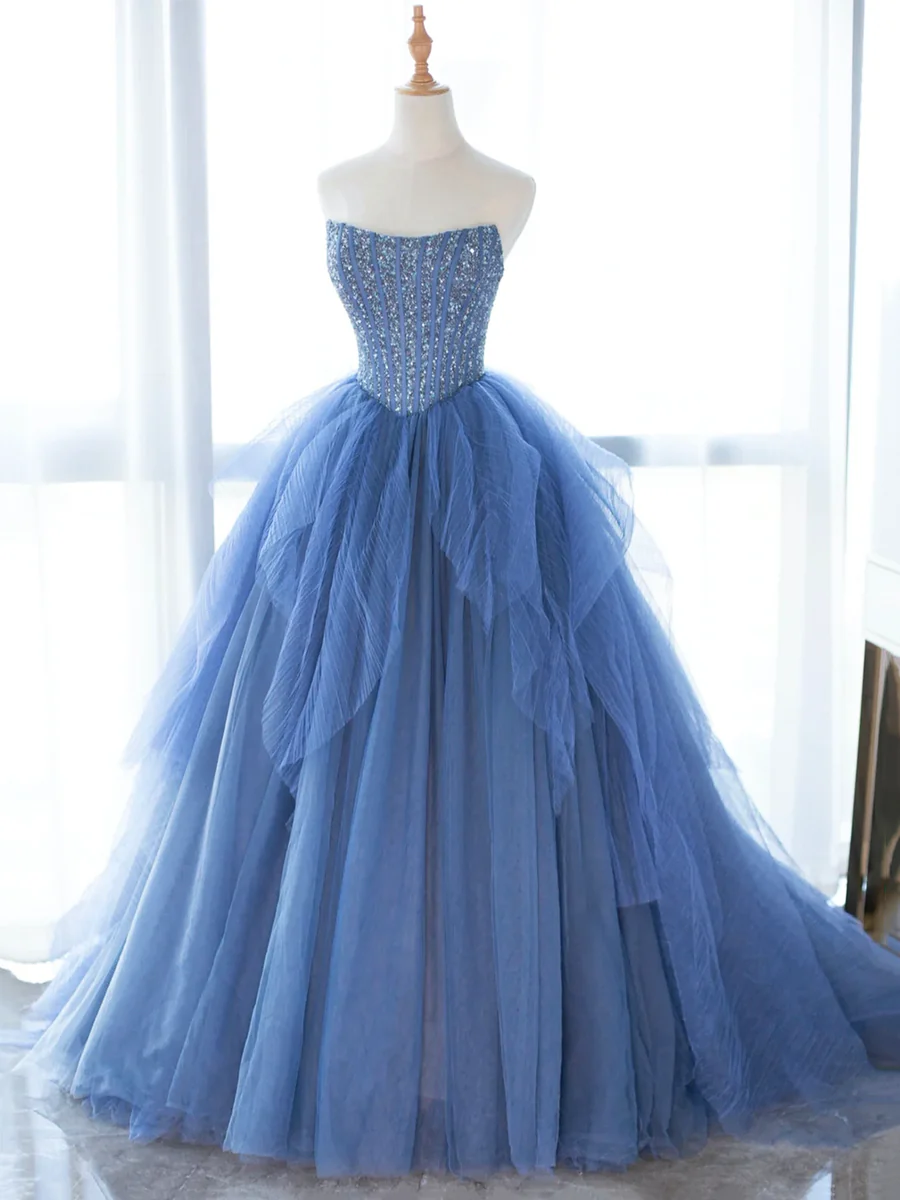 Blue Tulle Sequins Long Prom Dress Strapless Ball Gown DP222