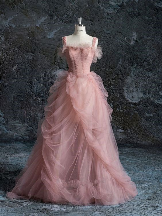 Fairy Ball Gown Straps Pink Tulle Prom Dress DP274