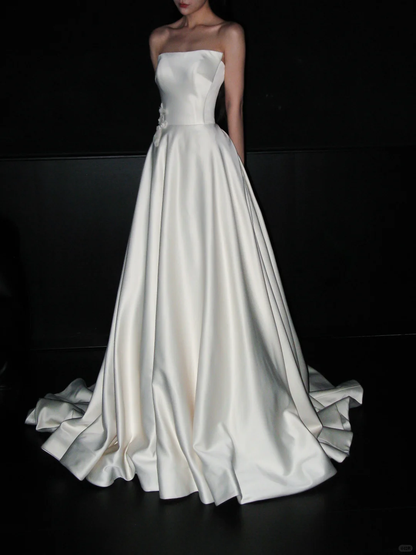 High-class A Line Strapless White Simple Satin Long Wedding Dress DP8081