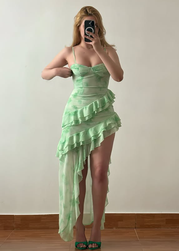 Summer Green A Line Straps Print Floral Chiffon Prom Dress Evening Dress with Slit DP6146