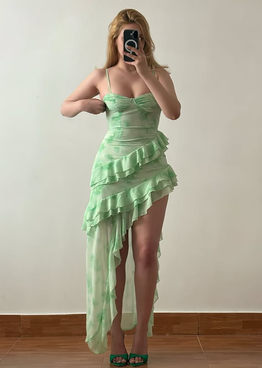 Summer Green A Line Straps Print Floral Chiffon Prom Dress Evening Dress with Slit DP6146
