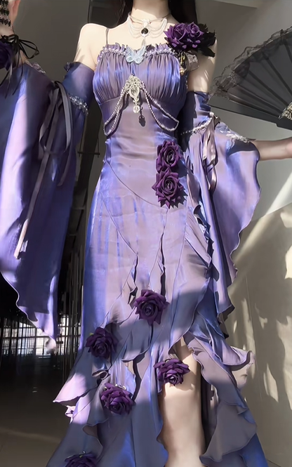 Stunning Purple Mermaid Strap Rose Layered Satin Prom Dress Graduation Ball Gown DP4564