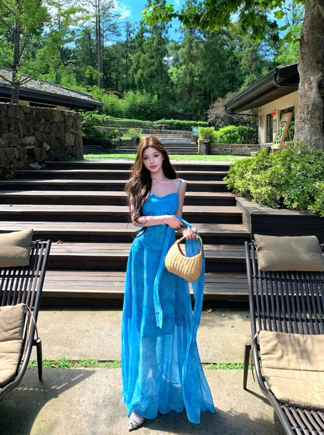 Stunning Blue A Line Spaghetti Straps Rose Print Chiffon Long Prom Dress Party Dress DP4748