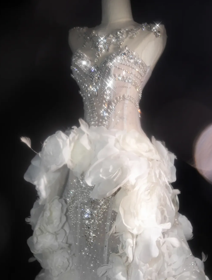 3D Flower White A Line Sweetheart Neck Rhinestone Tulle Long Prom Dress DP2754