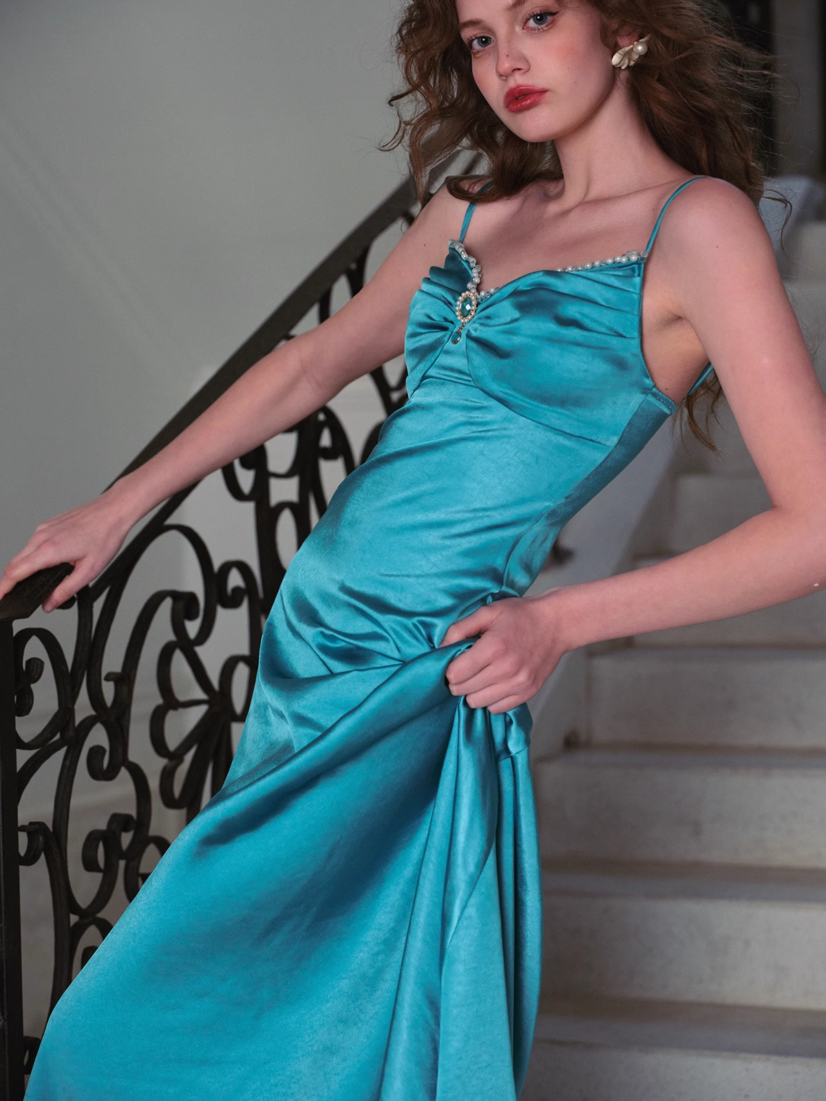 Simple Elegant A Line Spaghetti Strap Blue Satin Party Dress Evening Dress DP2745
