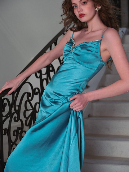 Simple Elegant A Line Spaghetti Strap Blue Satin Party Dress Evening Dress DP2745