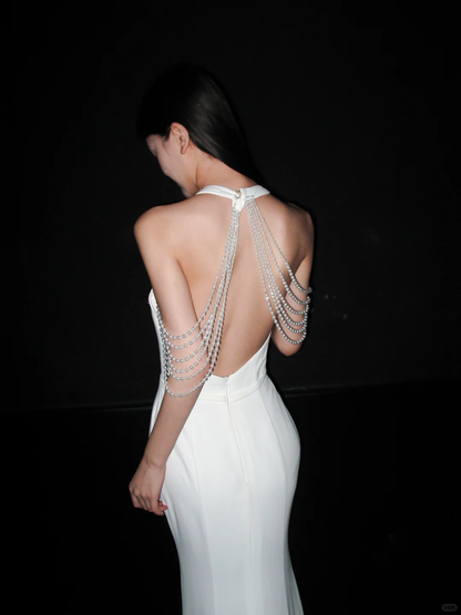 Chic Mermaid Halter White Pearl Satin Backless Wedding Dress DP8112