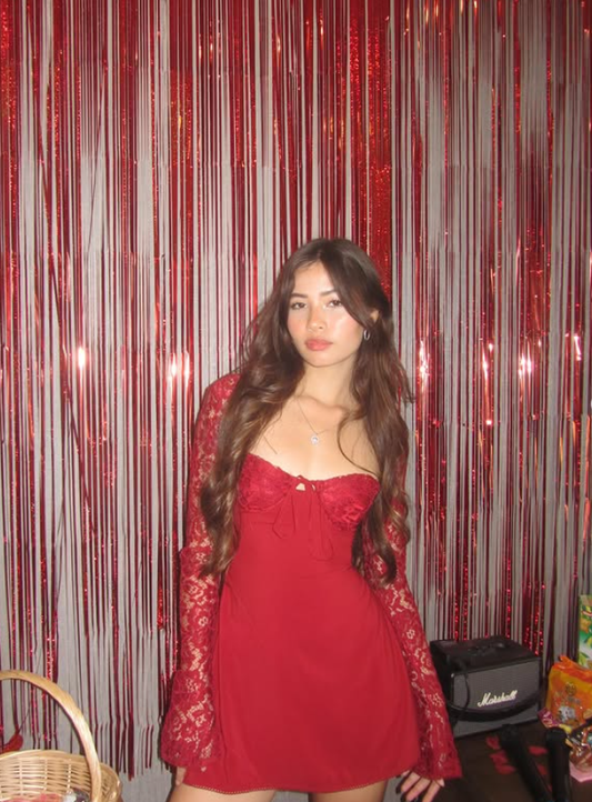 Red A Line Long Sleeve Lace Satin Short Homecoming Dress Date Dress DP3986