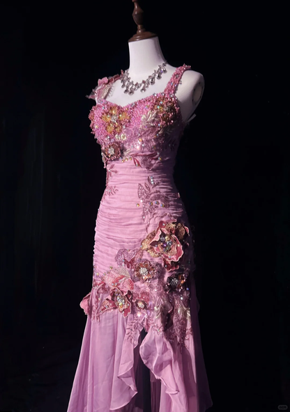 Vintage Mermaid Straps 3D Flower Beaded Chiffon Chiffon Long Prom Dress Party Dress with Slit DP2767