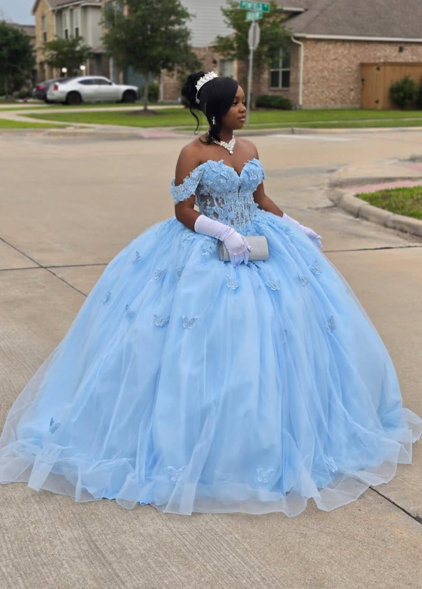 Princess Blue Ball Gown Off the Shoulder Beaded Corset Tulle 16th Birthday Dress DP5063