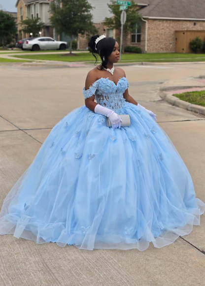 Princess Blue Ball Gown Off the Shoulder Beaded Corset Tulle 16th Birthday Dress DP5063