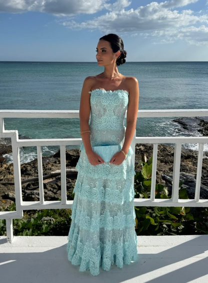 Blue A Line Strapless Layered Lace Long Prom Dress Evening Dress DP6229