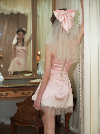 Cute A Line Strapless Lace Pink Satin Short Homecoming Dress DP2737