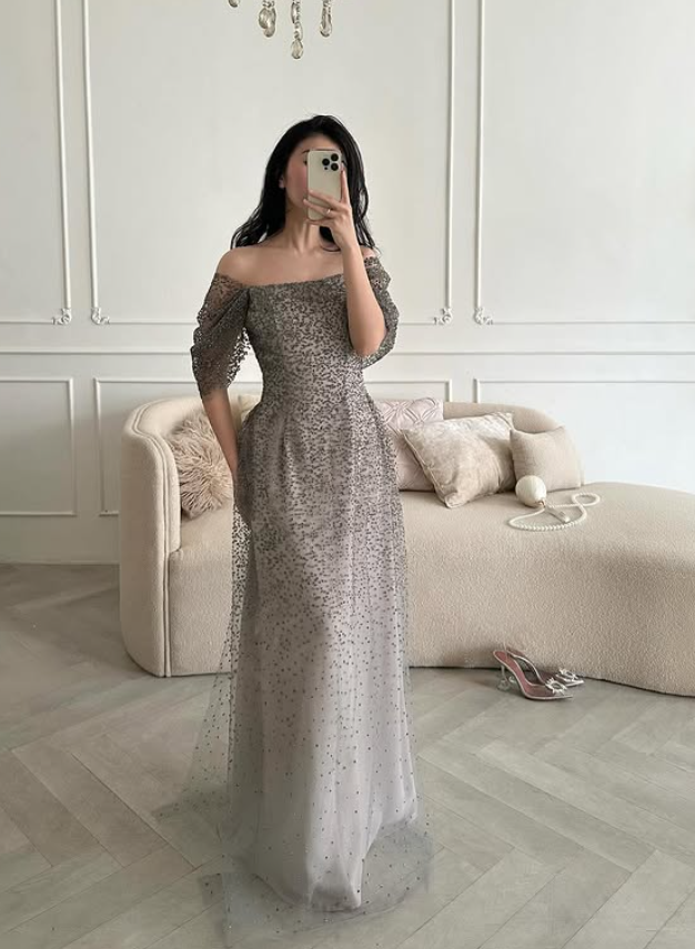 Brown A Line Off the Shoulder Ombre Sequin Tulle Prom Dress Evening Dress DP5776