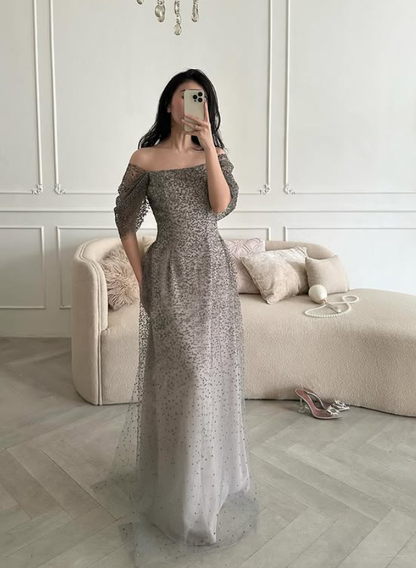 Brown A Line Off the Shoulder Ombre Sequin Tulle Prom Dress Evening Dress DP5776
