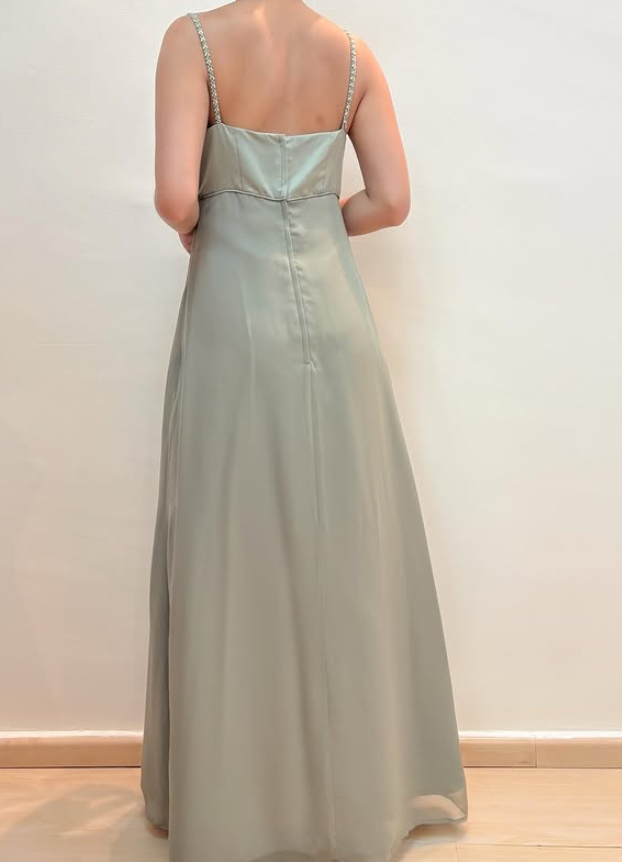 Vintage Sage Green A Line Beaded Tulle Satin Prom Dress Evening Dress Date Dress DP5277