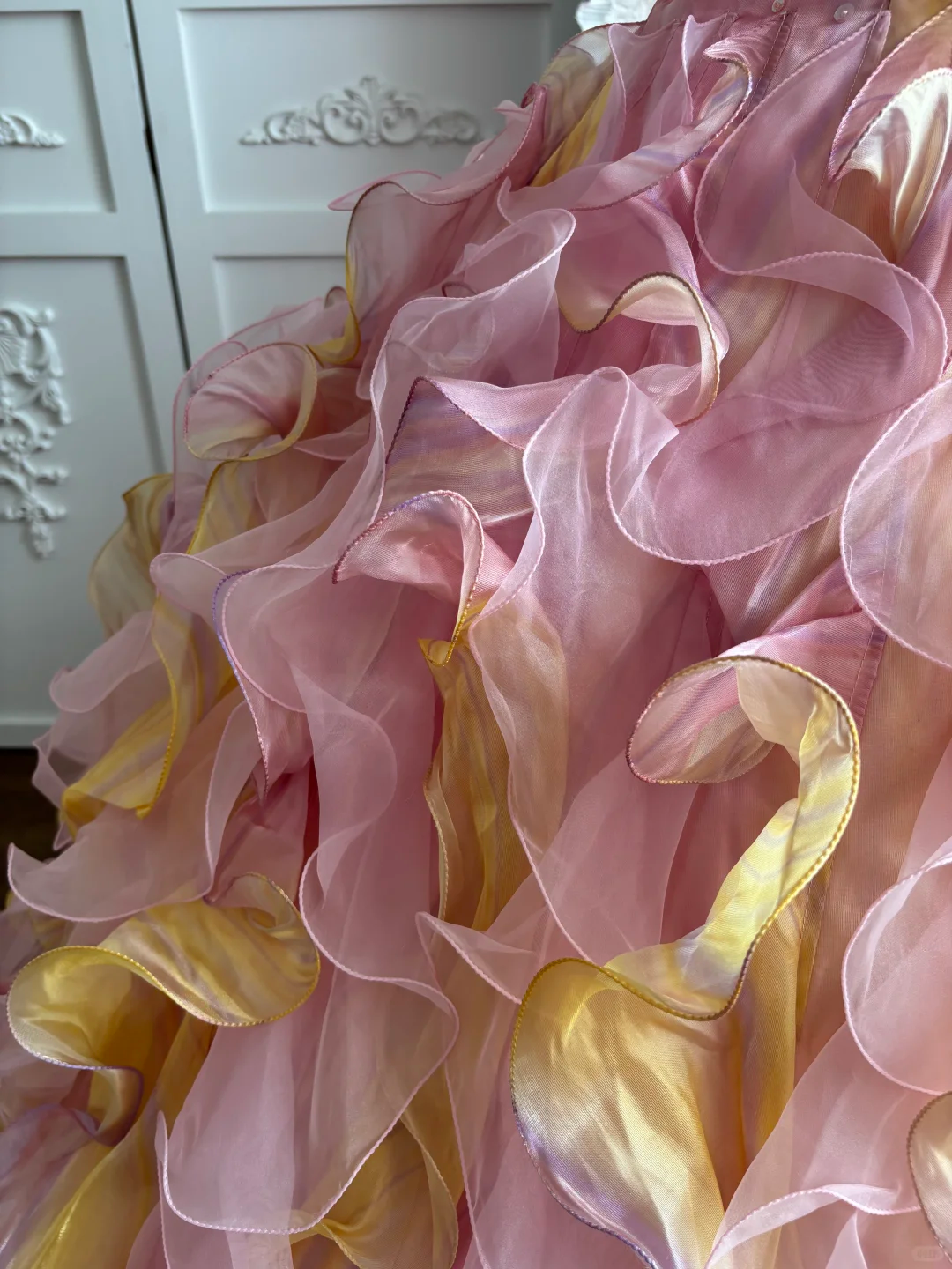 Vintage Pink-Yellow Ball Gown Halter Ruffle Organza Prom Dress Sweet 16 Dress DP5666