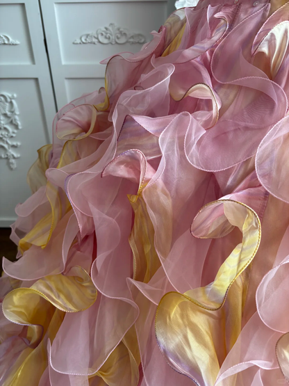Vintage Pink-Yellow Ball Gown Halter Ruffle Organza Prom Dress Sweet 16 Dress DP5666