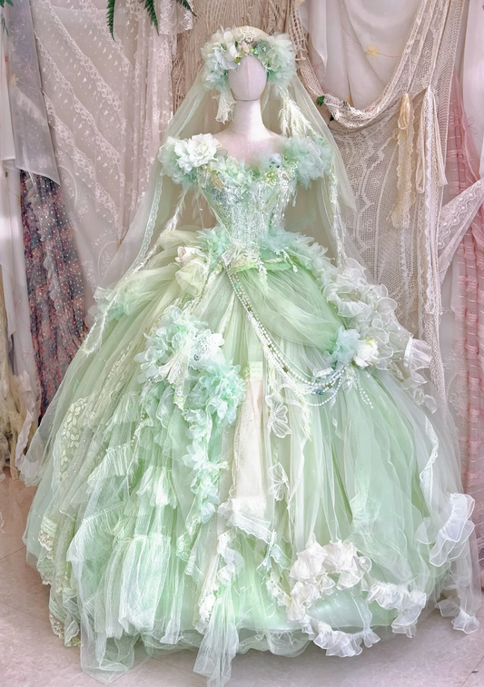 Green Ball Gown Off the Shoulder Floral Exquisite Beaded Tulle 16th Birthday Dress Prom Dress DP3816