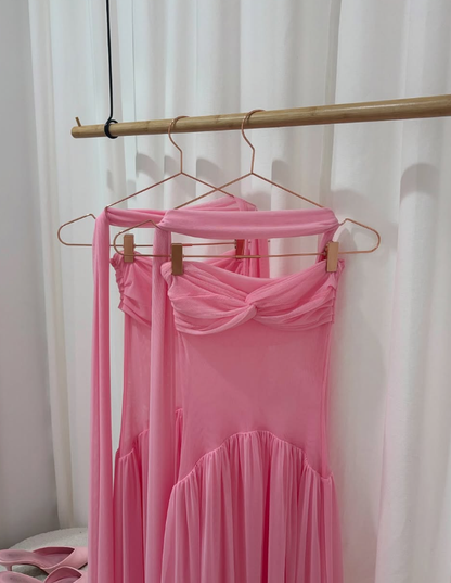 Romantic Pink A Line Sweetheart Neck Tulle Long Prom Dress Evening Dress DP7467