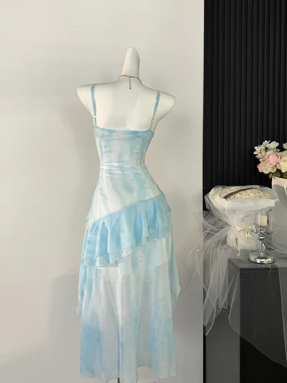 Ethereal Blue High-Low Ruffle Layered Chiffon Homecoming Dress Mini Prom Dress DP554