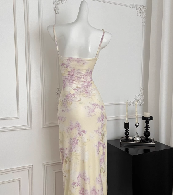 Gentle Sheath Spaghetti Straps Purple Floral Yellow Tulle Vacation Dress Prom Dress Outfits DP3550