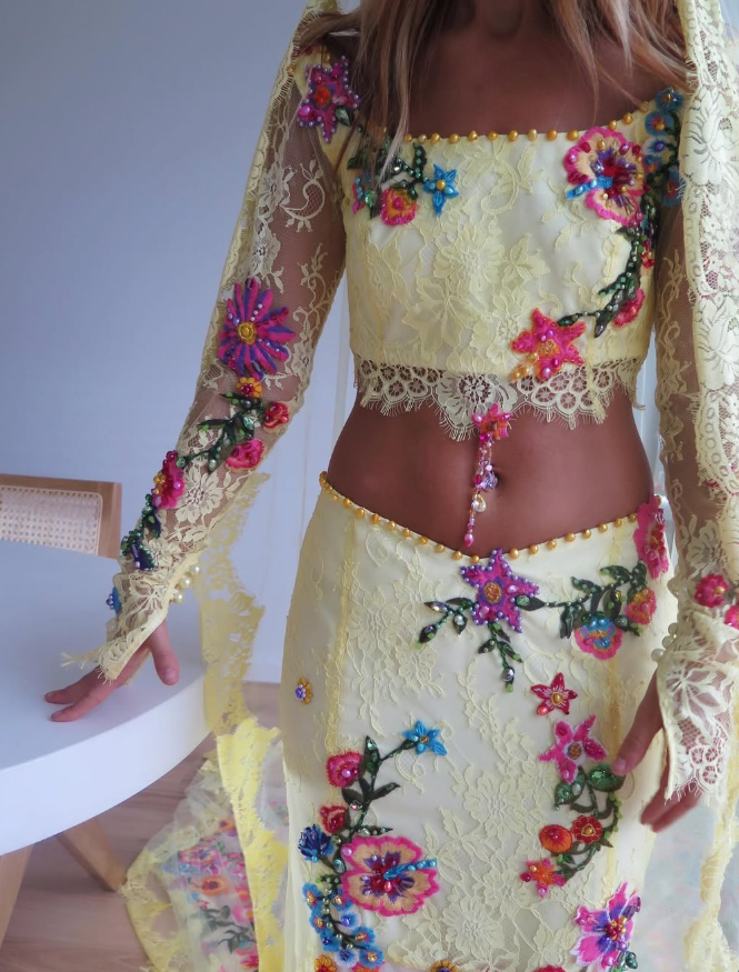 Floral Exquisite Two Piece Mermaid Long Sleeve Yellow Lace Tulle Prom Dress Wedding Dress DP3388