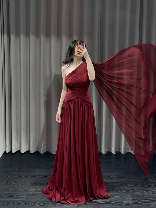 Elegant Burgundy A Line One Shoulder Pleated Chiffon Long Prom Dress Evening Dress DP4774