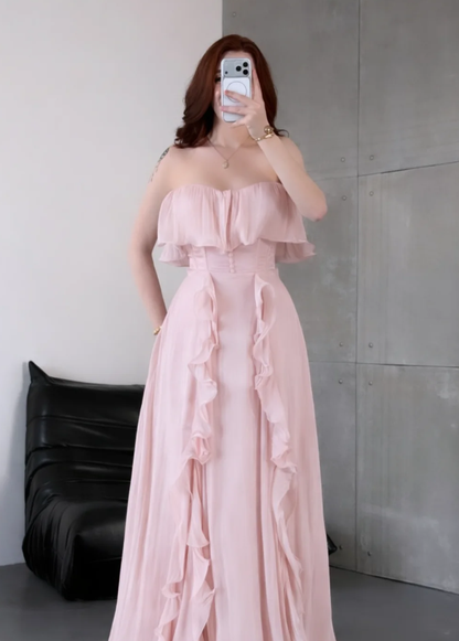 Ethereal A Line Strapless Ruffle Light Pink Chiffon Long Prom Dress Evening Dress DP6924