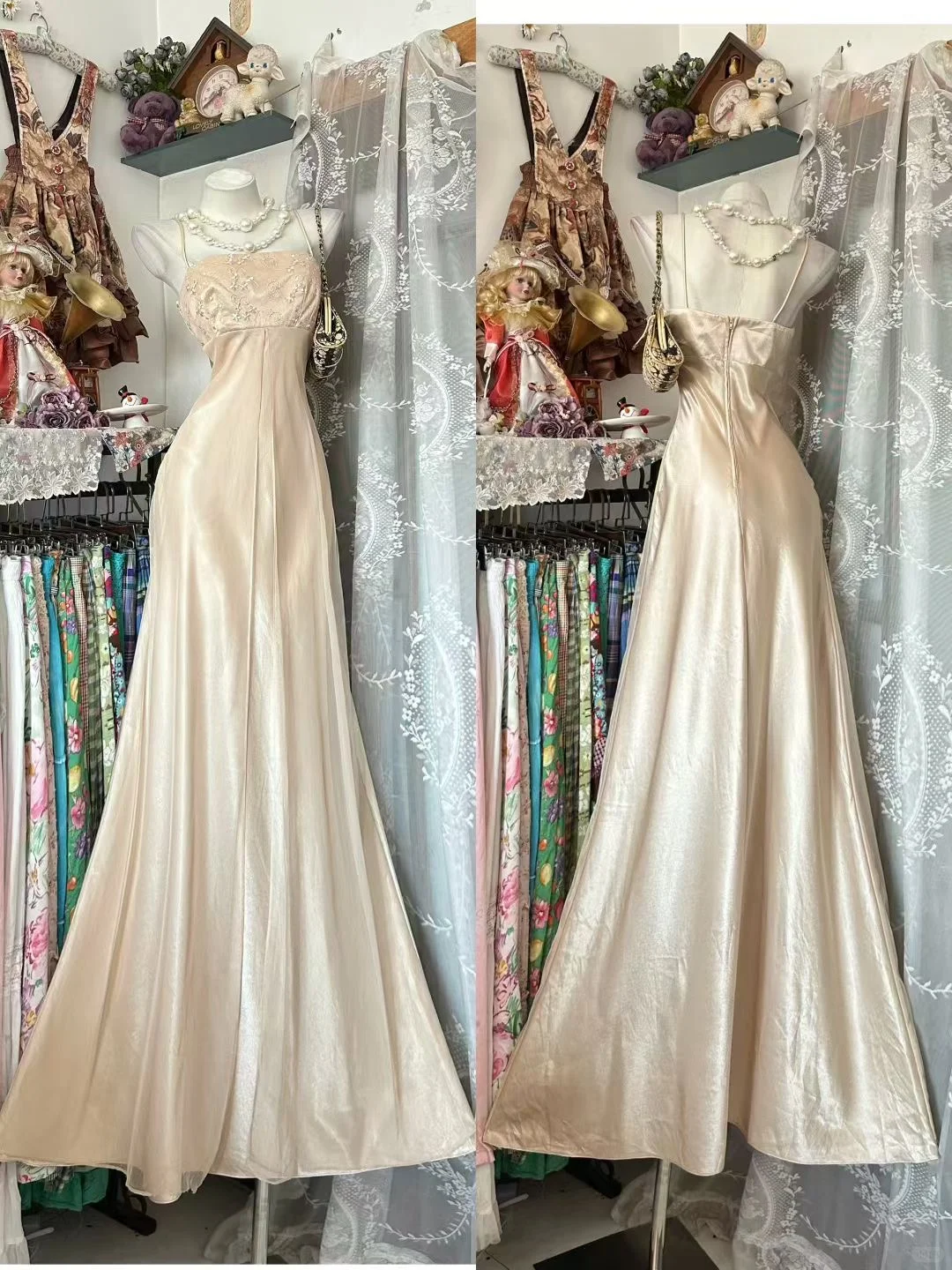 Elegant Apricot A Line Spaghetti Strap Beaded Satin Prom Dress Evening Dress DP5623