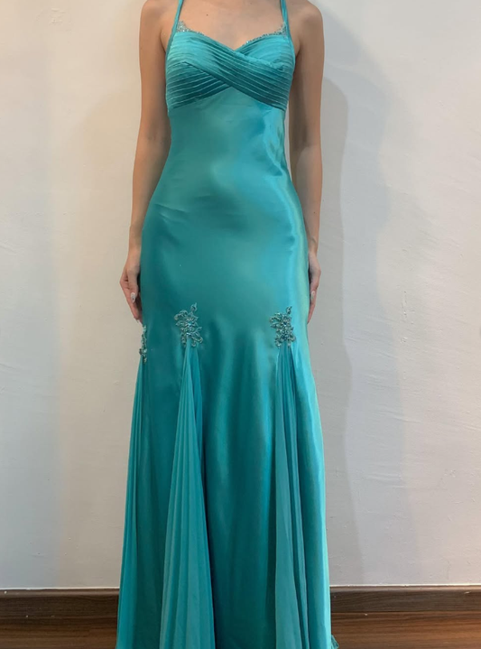 Vintage Mermaid Spaghetti Strap Appliques Blue Satin Prom Dress Evening Dress DP1621
