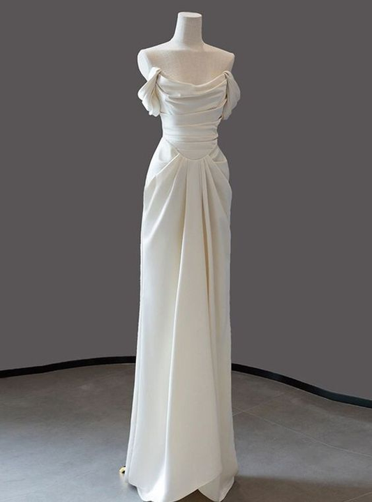 Ivory Satin Off the Shoulder Pleats Wedding Dress Prom Dress DP340