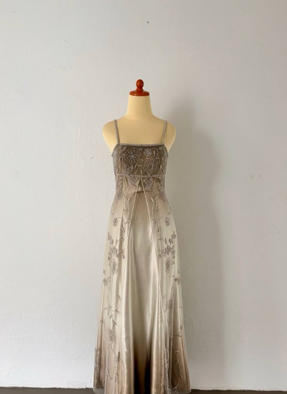 Vintage Unique A Line Spaghetti Strap Beaded Satin Tulle Prom Dress DP4827