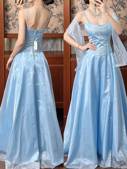 Vintage Blue A Line Embroidery Organza Satin Long Prom Dress Evening Dress DP5616