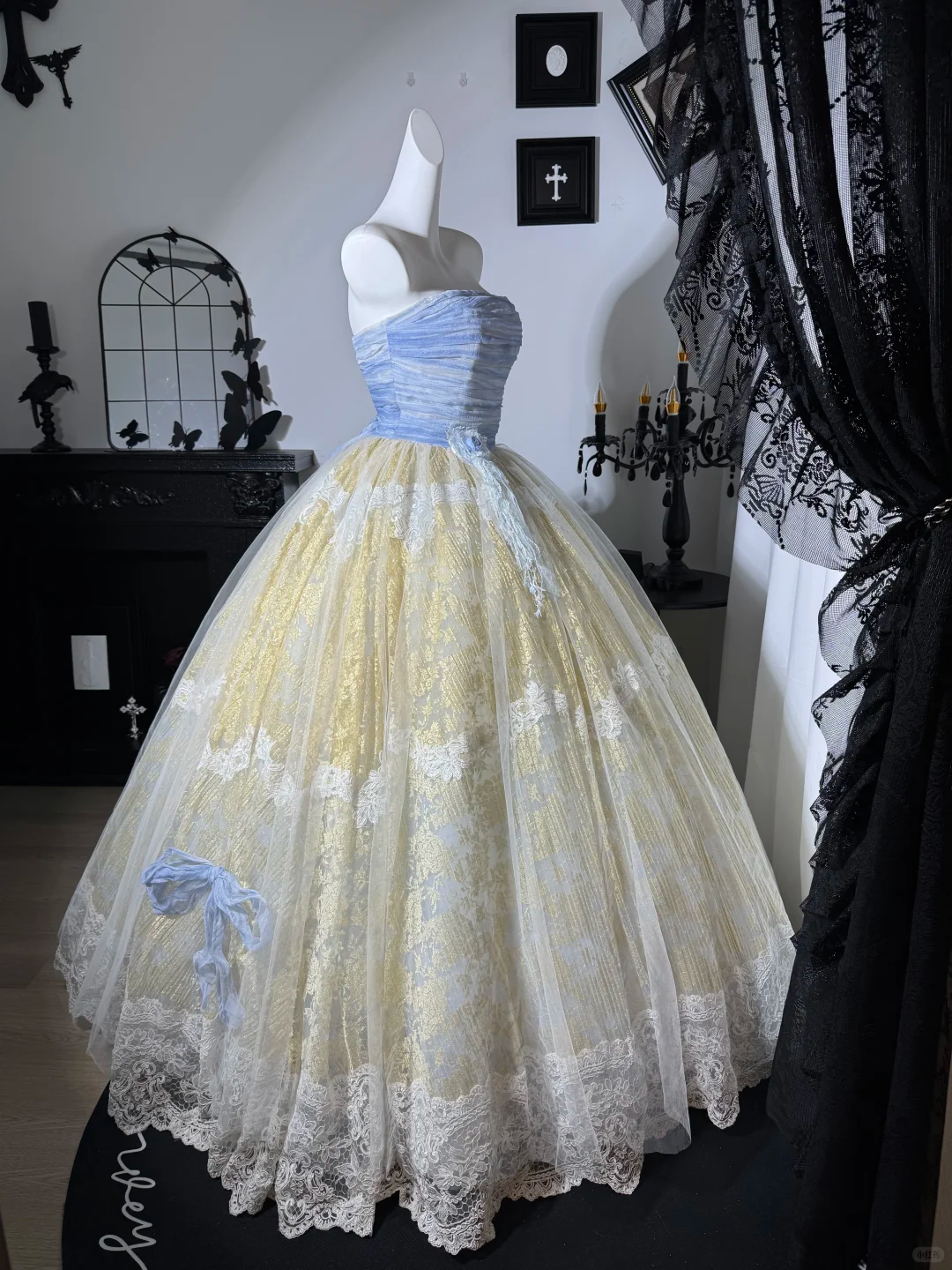 Vintage Ball Gown Strapless Blue Tulle White Lace Prom Dress Evening Dress DP6986