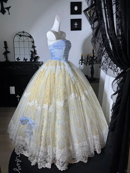 Vintage Ball Gown Strapless Blue Tulle White Lace Prom Dress Evening Dress DP6986