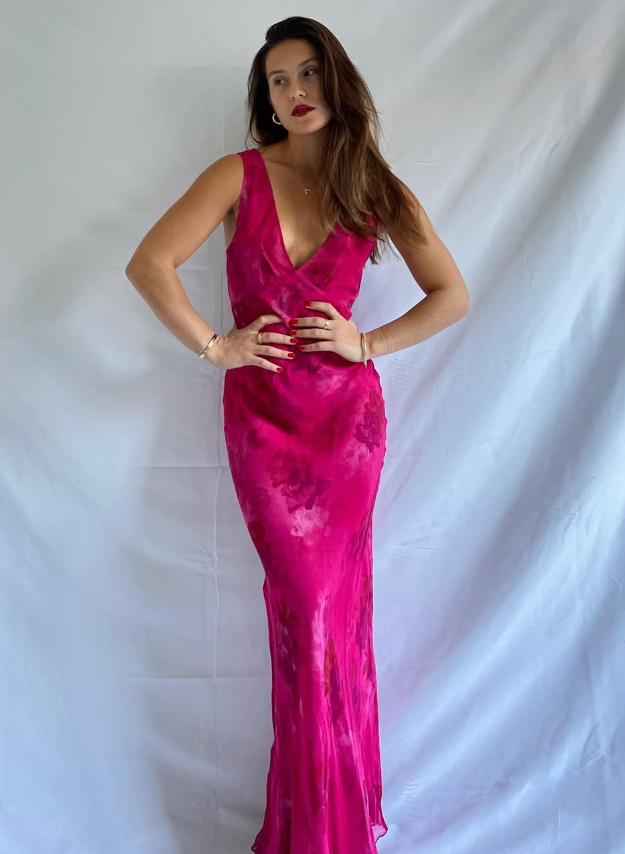 Pink Print Sheath V Neck Chiffon Long Prom Dress Evening Dress Outfits DP7186