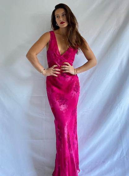 Pink Print Sheath V Neck Chiffon Long Prom Dress Evening Dress Outfits DP7186