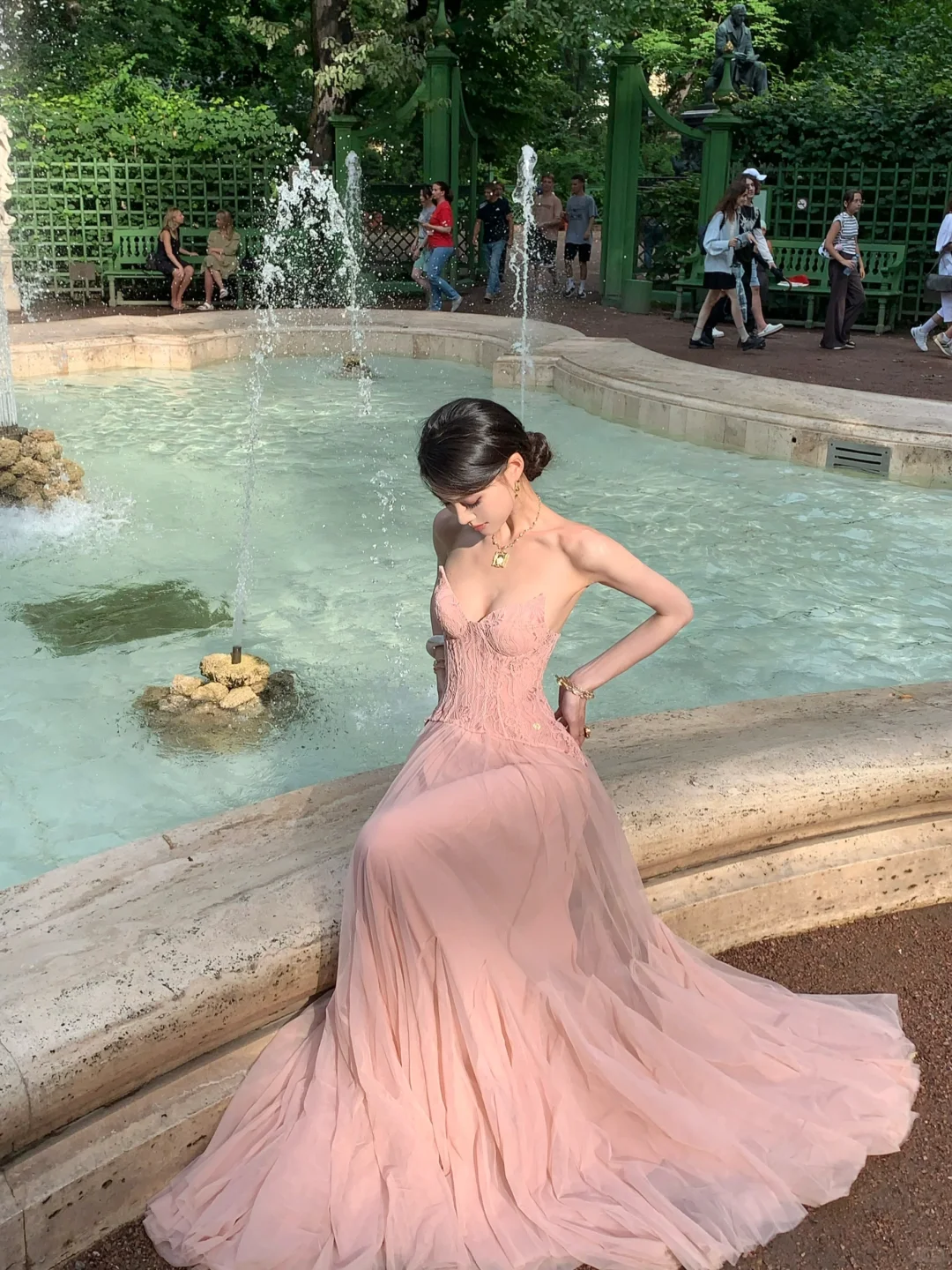 Gentle A Line Strapless Pink Lace Tulle Long Prom Dress Party Dress DP3965
