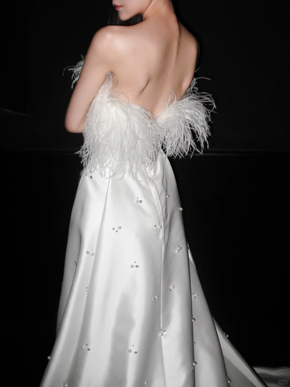 Sweety A Line Strapless White Feather Beaded Satin Long Wedding Dress DP5786