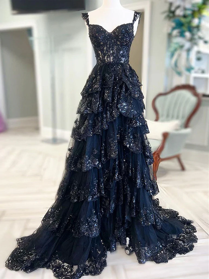 Navy Blue Tulle Sequin Layered Long Prom Dress Slit Evening Dress  DP377