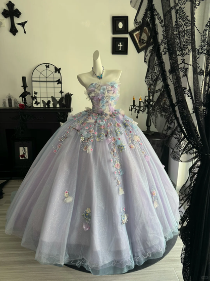Lilac Ball Gown Sweetheart Neck Floral Tulle Prom Dress Quinceanera Dress DP6967