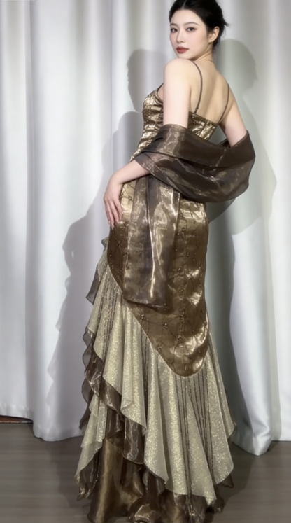 Gorgeous Sheath Long Prom Dress Spaghetti Straps Birthday Dress Beaded Satin Formal Dresses DP4359