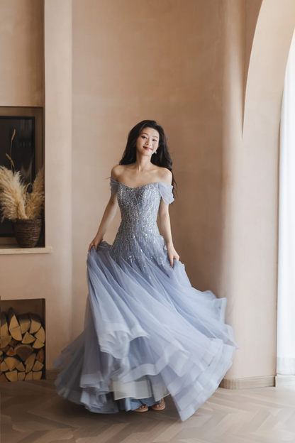 Gentle Blue A Line Off the Shoulder Sequin Beaded Tulle Long Prom Dress Formal Dress DP3336