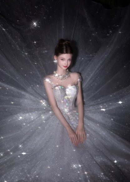 Stunning Shiny Ball Gown Exquisite Beaded White Tulle Long Prom Dress DP4921