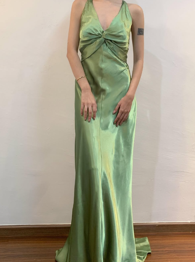 Vintage Sheath Halter Green Satin Open Back Prom Dress Evening Dress with Bow DP1604