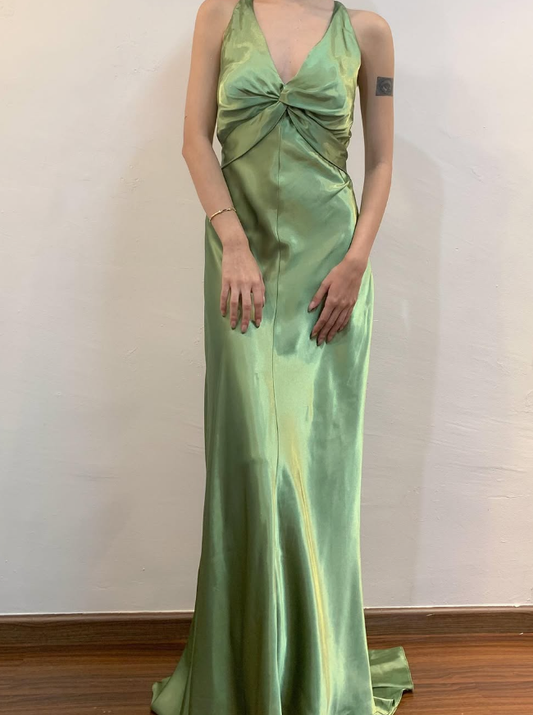 Vintage Sheath Halter Green Satin Open Back Prom Dress Evening Dress with Bow DP1604