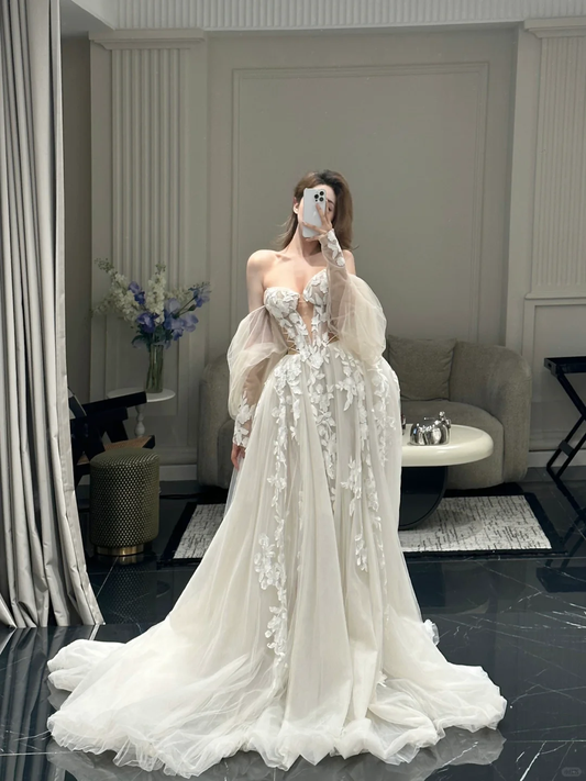 Elegant A Line Sweetheart Neck Long Sleeve Appliques Tulle Long Prom Dress Evening Dress DP2098
