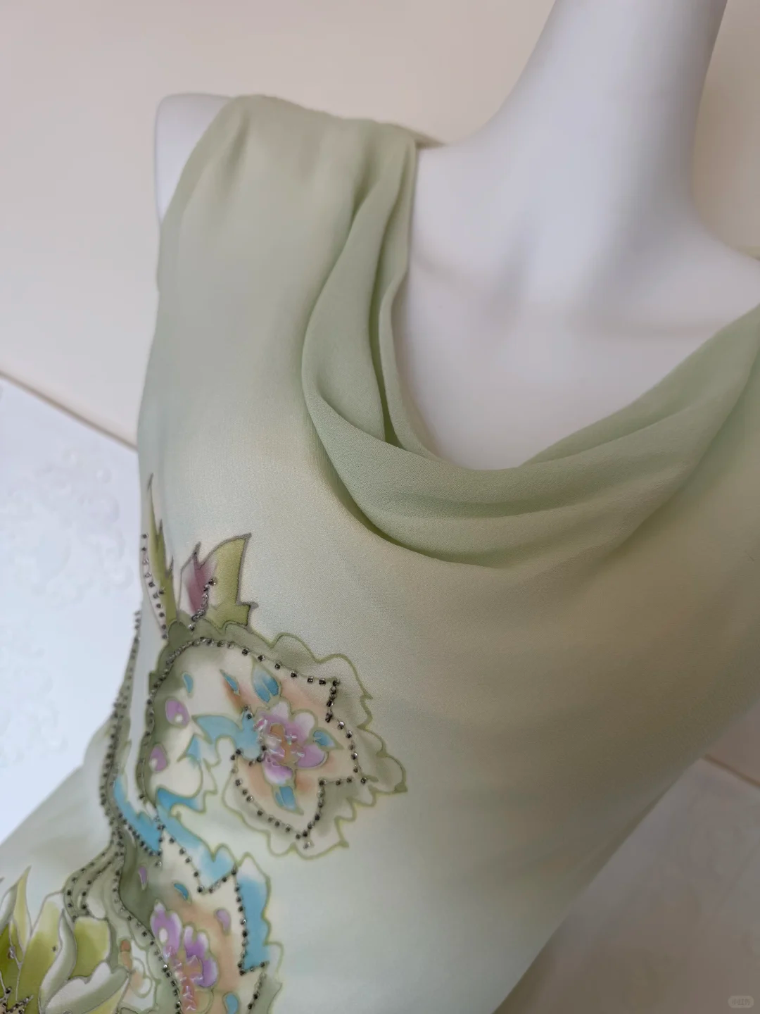 Vintage Light Green Print Floral Beaded Chiffon Prom Dress DP5172
