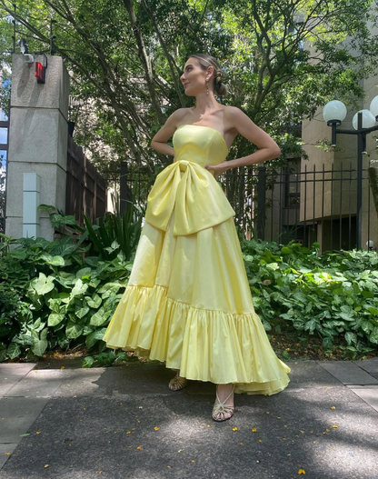 Cute A Line Strapless Yellow Satin Prom Dress Evening Dress with Bow DP1616